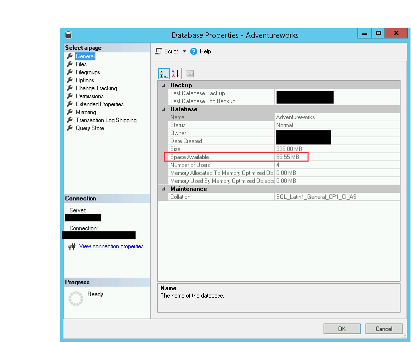 Free Space using SSMS